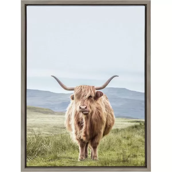 Kate and Laurel Sylvie Highland Cow Mountain Landscape Framed Canvas Wall Art by The Creative Bunch Studio 18x40 Natural Decorative Farmhouse Decor for WallGray