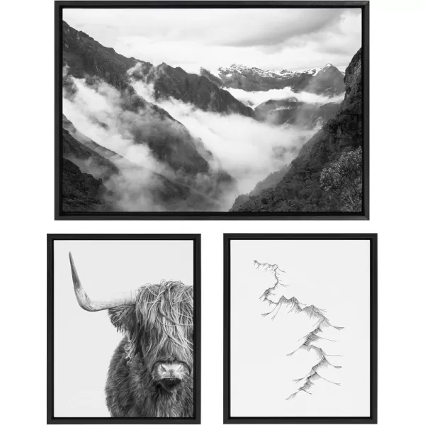 Kate and Laurel Sylvie Highland Cow Mountains and Inca Trail Framed Canvas Wall Art Set by Various Artists Set of 3 two 16x20 and one 23x33 Black Frames Decorative Black and White Nature ArtBlack