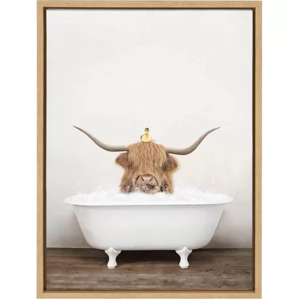 Kate and Laurel Sylvie Highland Cow and Duckling in Rustic Bath Framed Canvas Wall Art by Amy Peterson Art Studio 18x24 Gray Modern Fun Decorative Bathtub Wall Art for Home DcorNatural