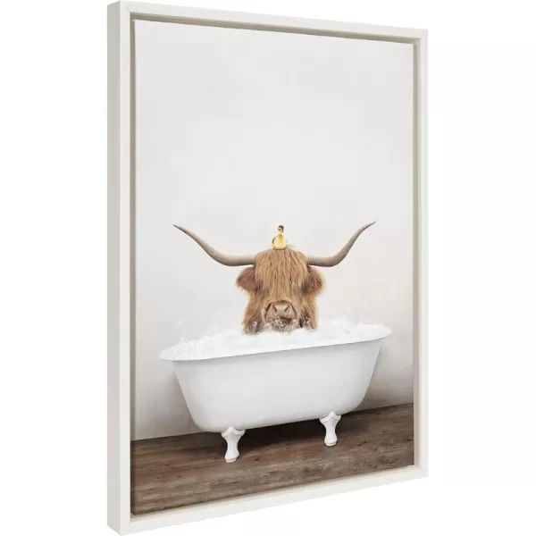 Kate and Laurel Sylvie Highland Cow and Duckling in Rustic Bath Framed Canvas Wall Art by Amy Peterson Art Studio 18x24 Gray Modern Fun Decorative Bathtub Wall Art for Home DcorWhite