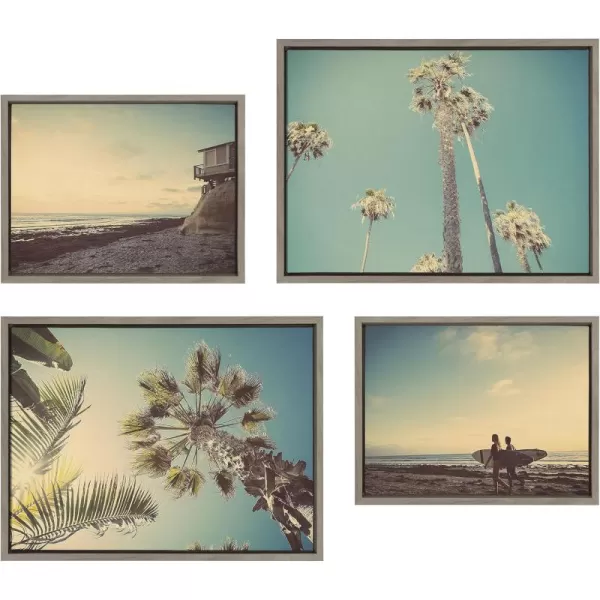 Kate and Laurel Sylvie House on Beach Palm Trees in Lajolla Palm Tree Sunburst and Surfers Framed Canvas Wall Art Set by Saint and Sailor Studios 4 Piece Set Gray Coastal Beach Art for Wall
