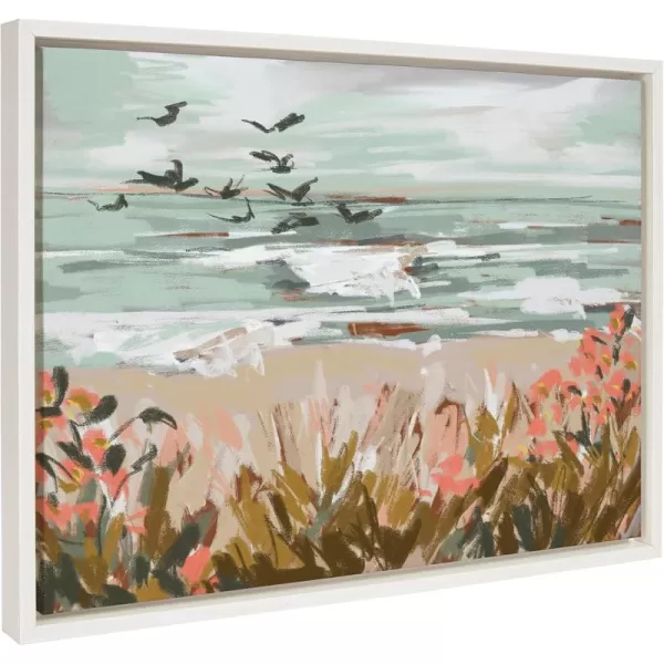 Kate and Laurel Sylvie Landscape 09 Beach Framed Canvas Wall Art by Annie Quigley 18x24 White Soft Watercolor Beachy Landscape with Ocean Sands Art for Wall DecorWhite