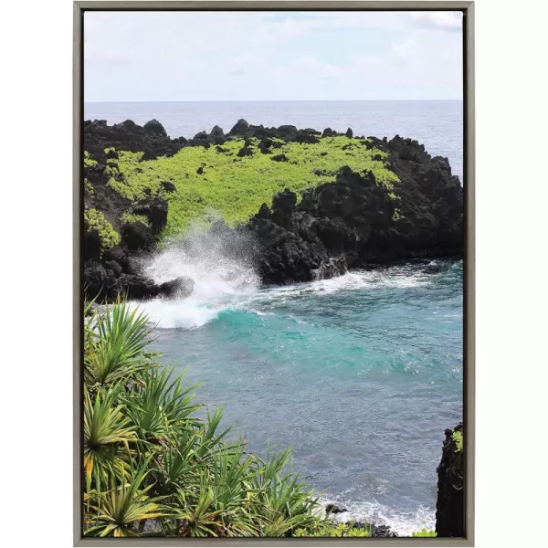 Kate and Laurel Sylvie Maui Black Sand Swell Framed Canvas Wall Art by Rachel Dowd 28x38 Gray Relaxing Coastal Art Print for Wall