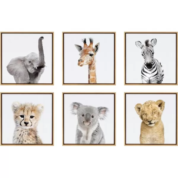 Kate and Laurel Sylvie Safari Animal Collection Framed Canvas Wall Art by Amy Peterson Art Studio Set of 6 13x13 Natural Decorative Animal Art for WallThin Natural