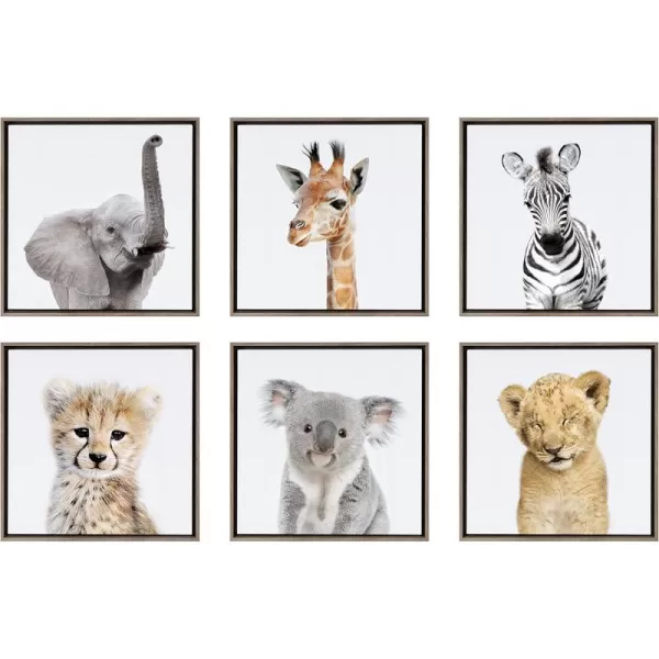 Kate and Laurel Sylvie Safari Animal Collection Framed Canvas Wall Art by Amy Peterson Art Studio Set of 6 13x13 Natural Decorative Animal Art for WallThin Gray