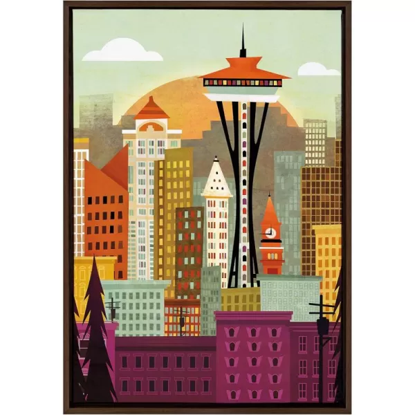 Kate and Laurel Sylvie Seattle Skyline Framed Canvas Wall Art by Amber Leaders 23x33 Walnut Beautiful City Skyline Wall DecorBrown