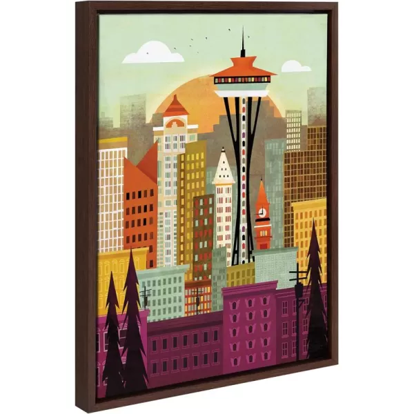 Kate and Laurel Sylvie Seattle Skyline Framed Canvas Wall Art by Amber Leaders Designs 18x24 Natural Fun Illustrated City Skyline Art for WallBrown