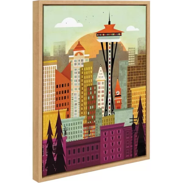 Kate and Laurel Sylvie Seattle Skyline Framed Canvas Wall Art by Amber Leaders Designs 18x24 Natural Fun Illustrated City Skyline Art for WallNatural