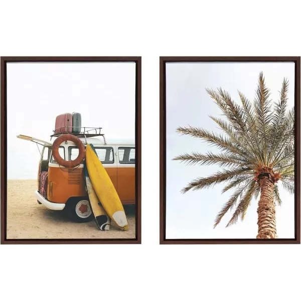 Kate and Laurel Sylvie Surfboard Beach Van and One Palm Tree in Paradise Framed Canvas Wall Art by The Creative Bunch Studio 2 Piece 18x24 Walnut Brown Tropical Art for WallBrown