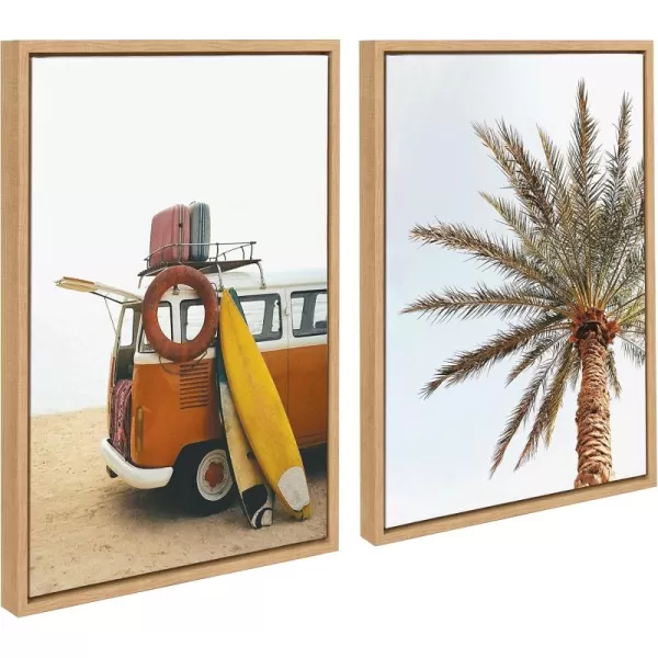 Kate and Laurel Sylvie Surfboard Beach Van and One Palm Tree in Paradise Framed Canvas Wall Art by The Creative Bunch Studio 2 Piece 18x24 Walnut Brown Tropical Art for WallNatural