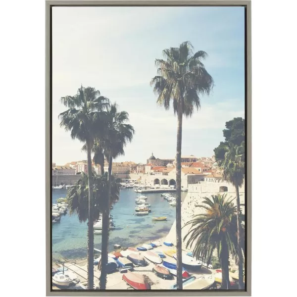 Kate and Laurel Sylvie The Palm Trees and The Boat Framed Canvas Wall Art by Laura Evans 23x33 Gray Coastal European Art for Wall