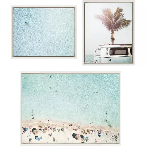 Kate and Laurel Sylvie Turquoise Beach from Above 2 Blue Beach Van and Woman Floating Framed Canvas Wall Art Set by Amy Peterson Art Studio 3 Piece Set 23x33 and 16x20 White Coastal Wall Dcor