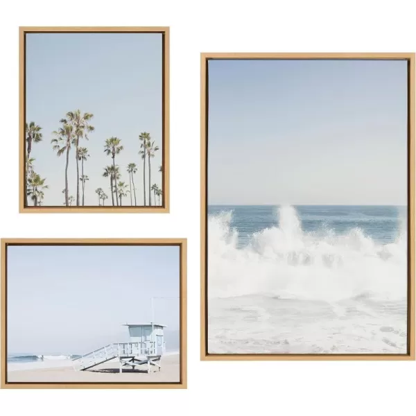 Kate and Laurel Sylvie Waves Crashing Palm Tree Paradise and Pale Blue Lifeguard Tower Framed Canvas Wall Art Set by Caroline Mint 3 Piece Set Natural Coastal Beach Art Set for Wall