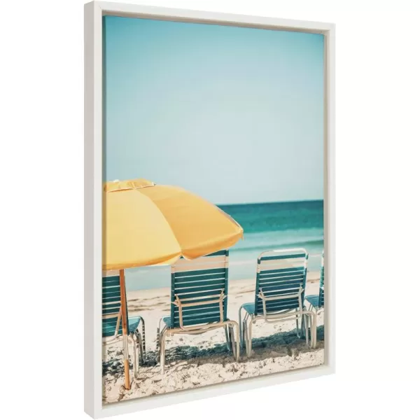 Kate and Laurel Sylvie Yellow Umbrella 2 Framed Canvas Wall Art by Alicia Bock 28x38 White Coastal Beach Chairs Photography Art for WallWhite