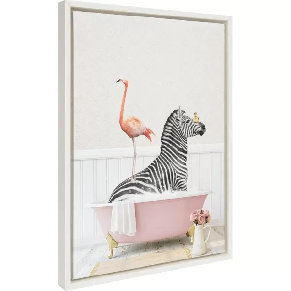 Kate and Laurel Sylvie Zebra and Flamingo in Cottage Rose Bath Framed Canvas Wall Art by Amy Peterson Art Studio 18x24 Gold Modern Fun Decorative Bathtub Wall Art for Home DcorWhite