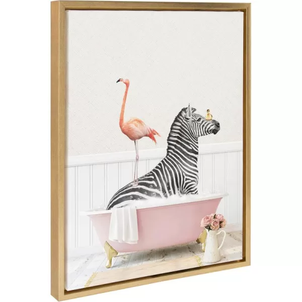 Kate and Laurel Sylvie Zebra and Flamingo in Cottage Rose Bath Framed Canvas Wall Art by Amy Peterson Art Studio 18x24 Gold Modern Fun Decorative Bathtub Wall Art for Home DcorGold