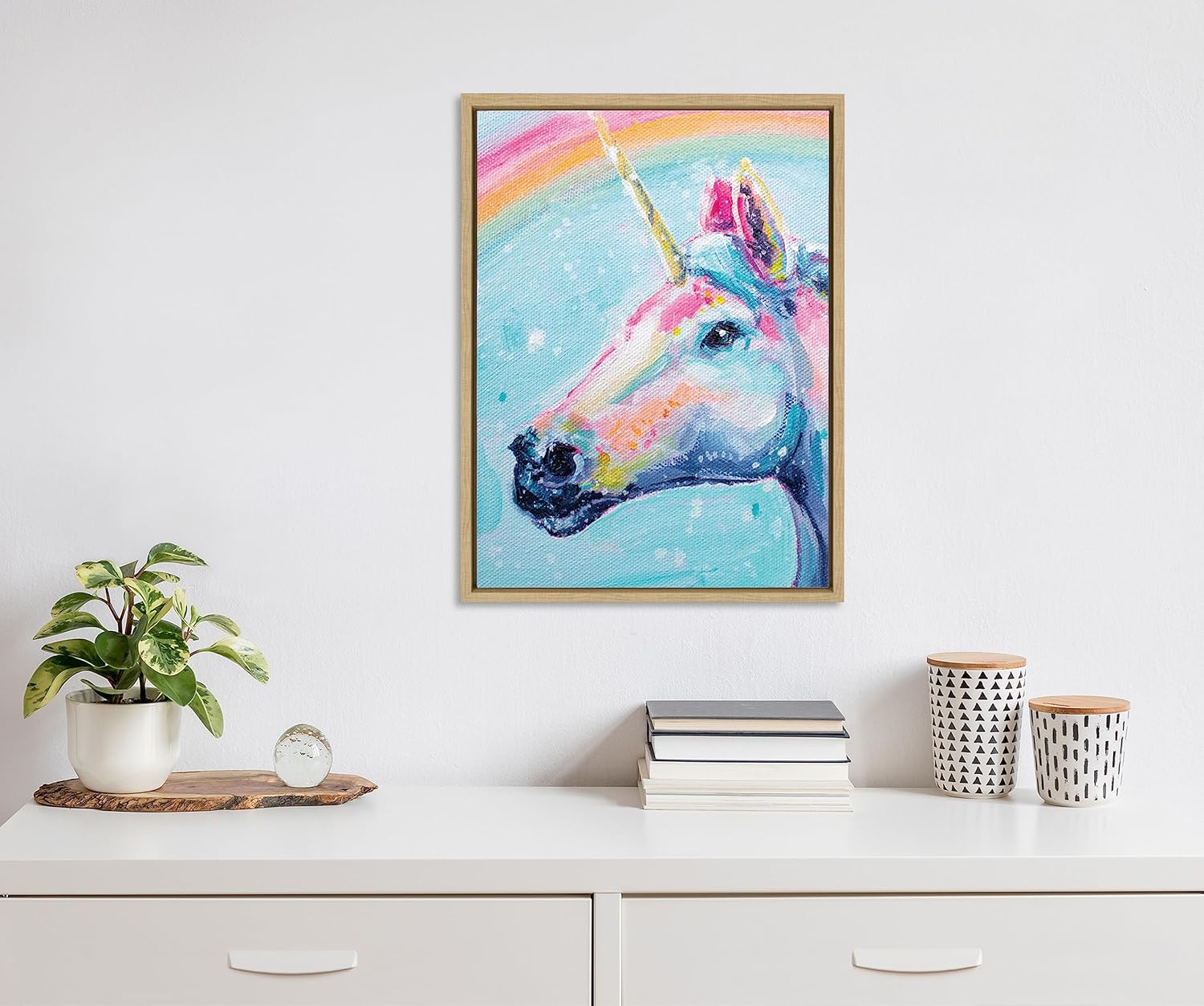 Kate and Laurel Sylvie Do You Believe in Magic Framed Canvas Wall Art by Rachel Christopoulos 18x24 White Modern Bright Colorful Unicorn Art for WallNatural