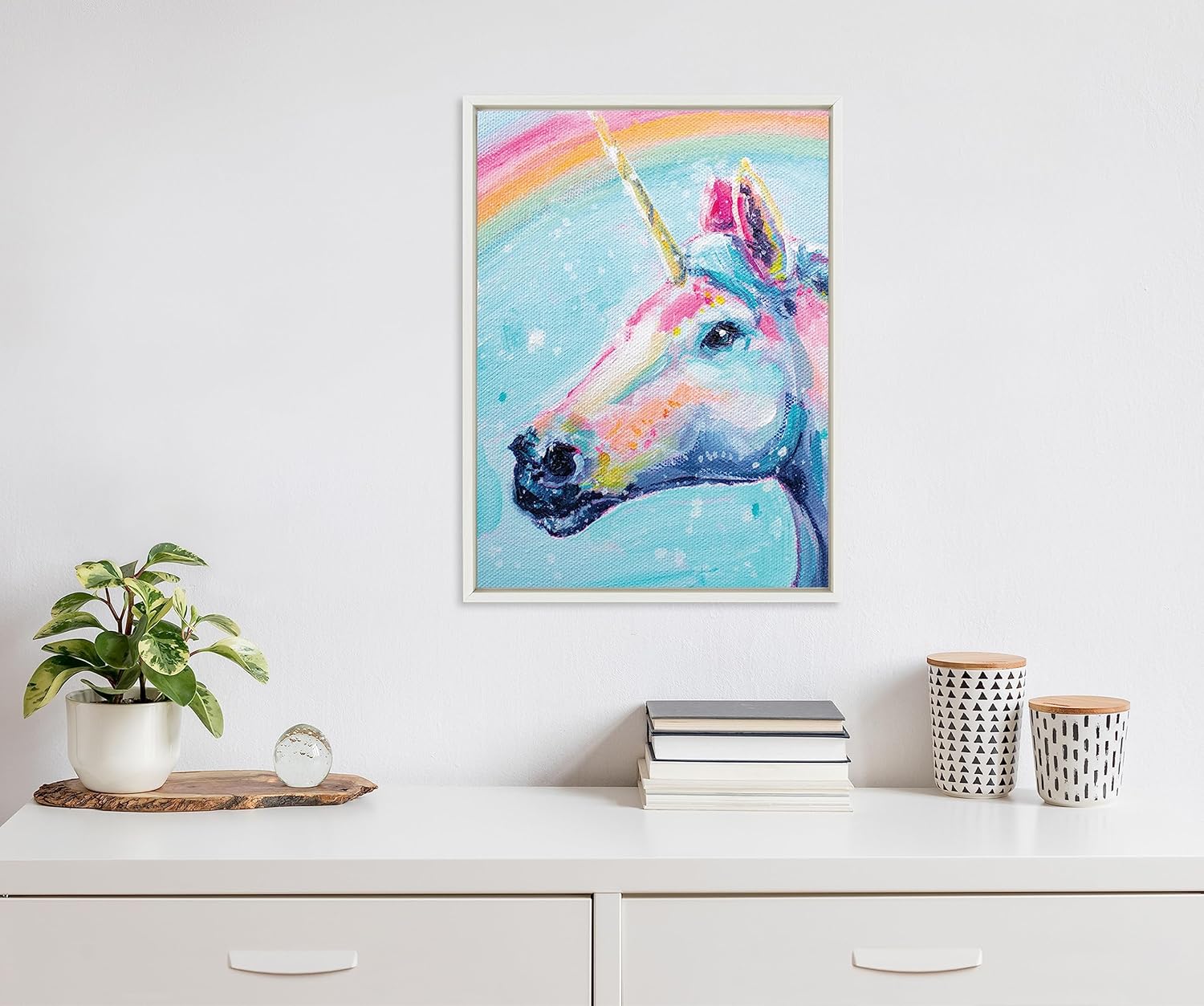 Kate and Laurel Sylvie Do You Believe in Magic Framed Canvas Wall Art by Rachel Christopoulos 18x24 White Modern Bright Colorful Unicorn Art for WallWhite