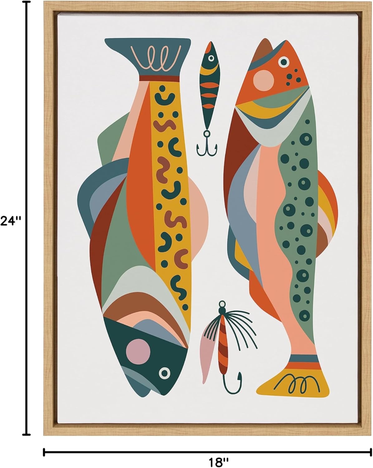 Kate and Laurel Sylvie Gone Fishing Framed Canvas Wall Art by Rachel Lee of My Dream Wall 18x24 Natural Bright Colorful Fish Art Print for Wall Decor