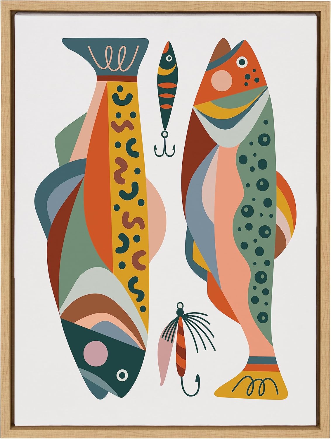 Kate and Laurel Sylvie Gone Fishing Framed Canvas Wall Art by Rachel Lee of My Dream Wall 18x24 Natural Bright Colorful Fish Art Print for Wall Decor