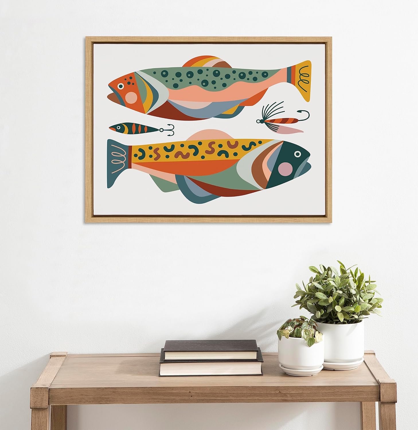 Kate and Laurel Sylvie Gone Fishing Framed Canvas Wall Art by Rachel Lee of My Dream Wall 18x24 Natural Bright Colorful Fish Art Print for Wall Decor