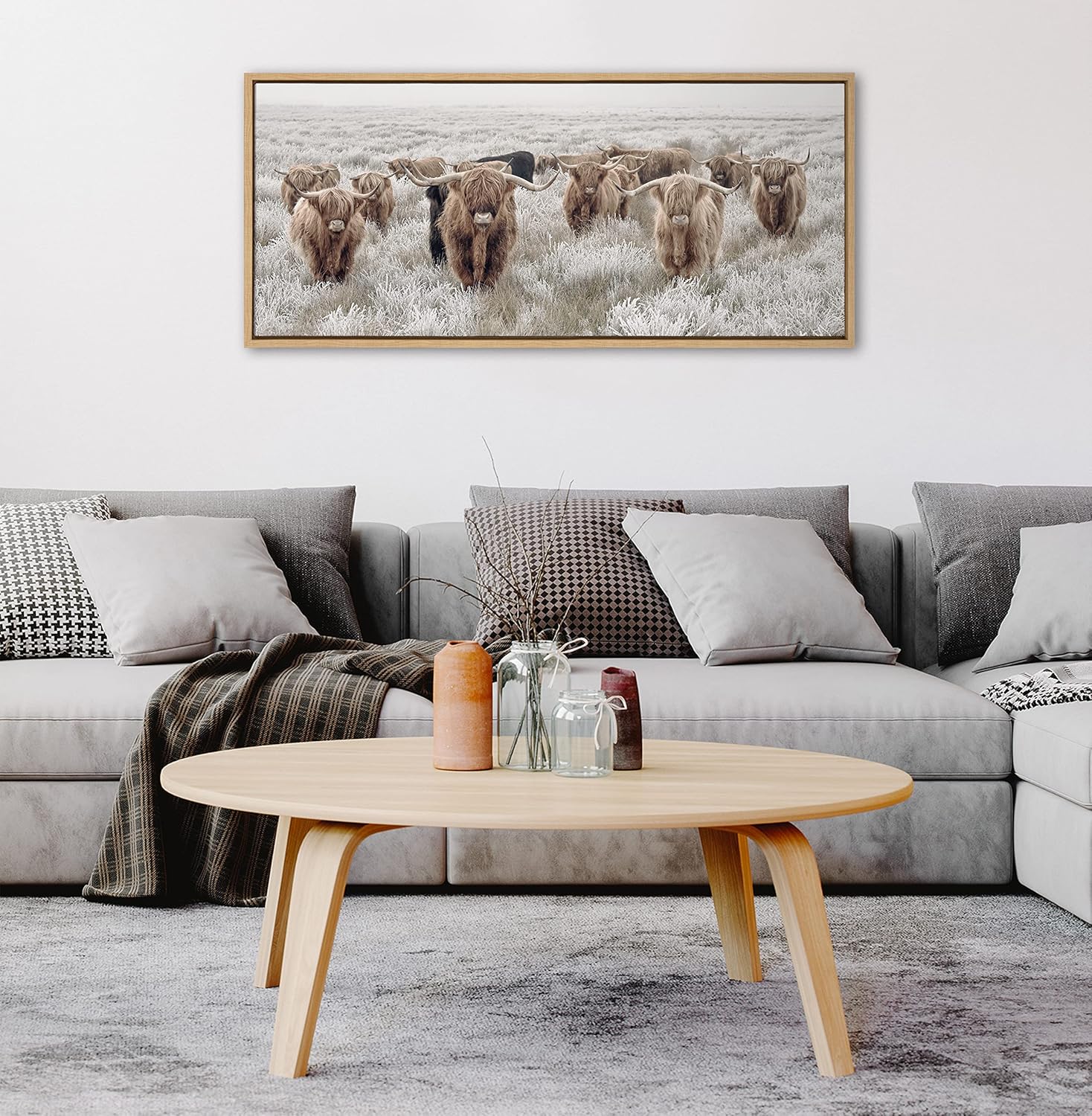 Kate and Laurel Sylvie Herd of Highland Cows Color Framed Canvas Wall Art by The Creative Bunch Studio 18x40 Natural Decorative Farmhouse Art for WallNatural