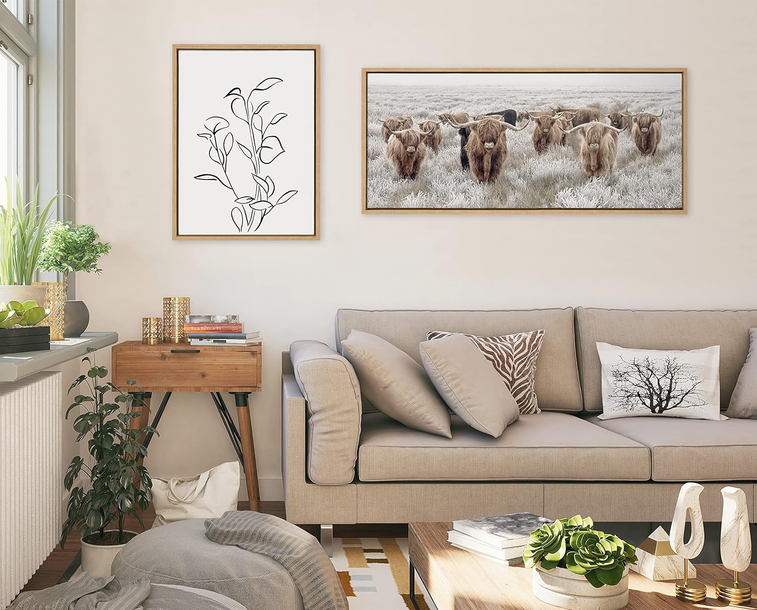 Kate and Laurel Sylvie Herd of Highland Cows Color Framed Canvas Wall Art by The Creative Bunch Studio 18x40 Natural Decorative Farmhouse Art for WallNatural