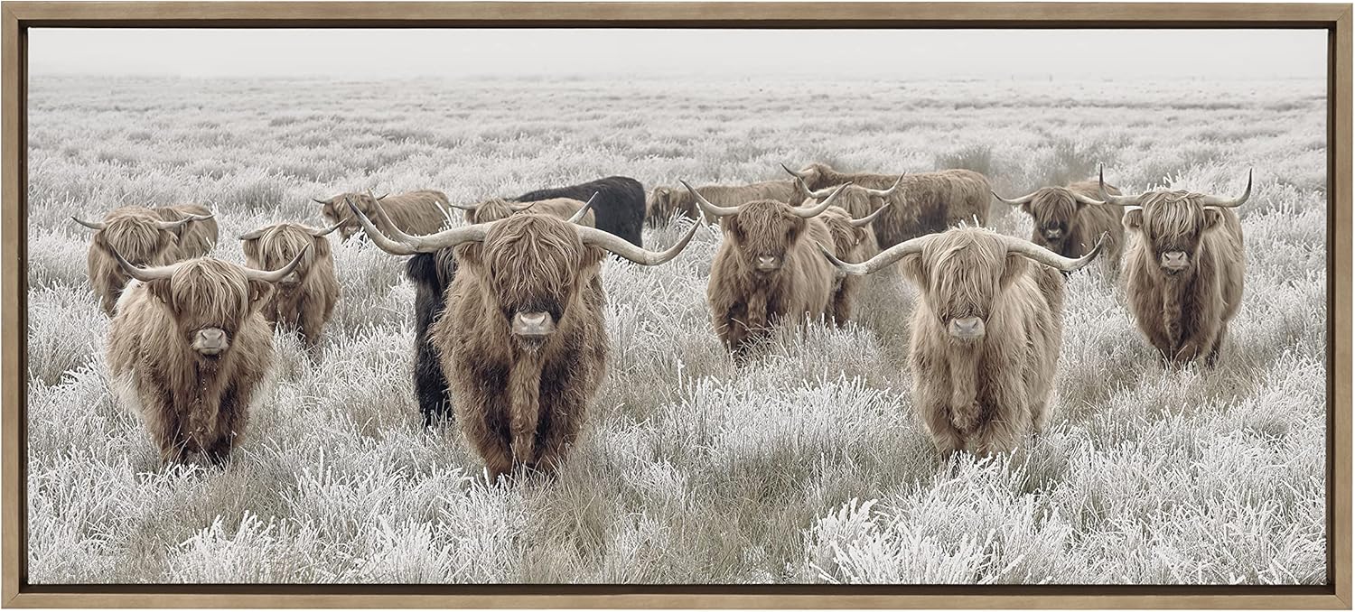 Kate and Laurel Sylvie Herd of Highland Cows Color Framed Canvas Wall Art by The Creative Bunch Studio 18x40 Natural Decorative Farmhouse Art for WallGold