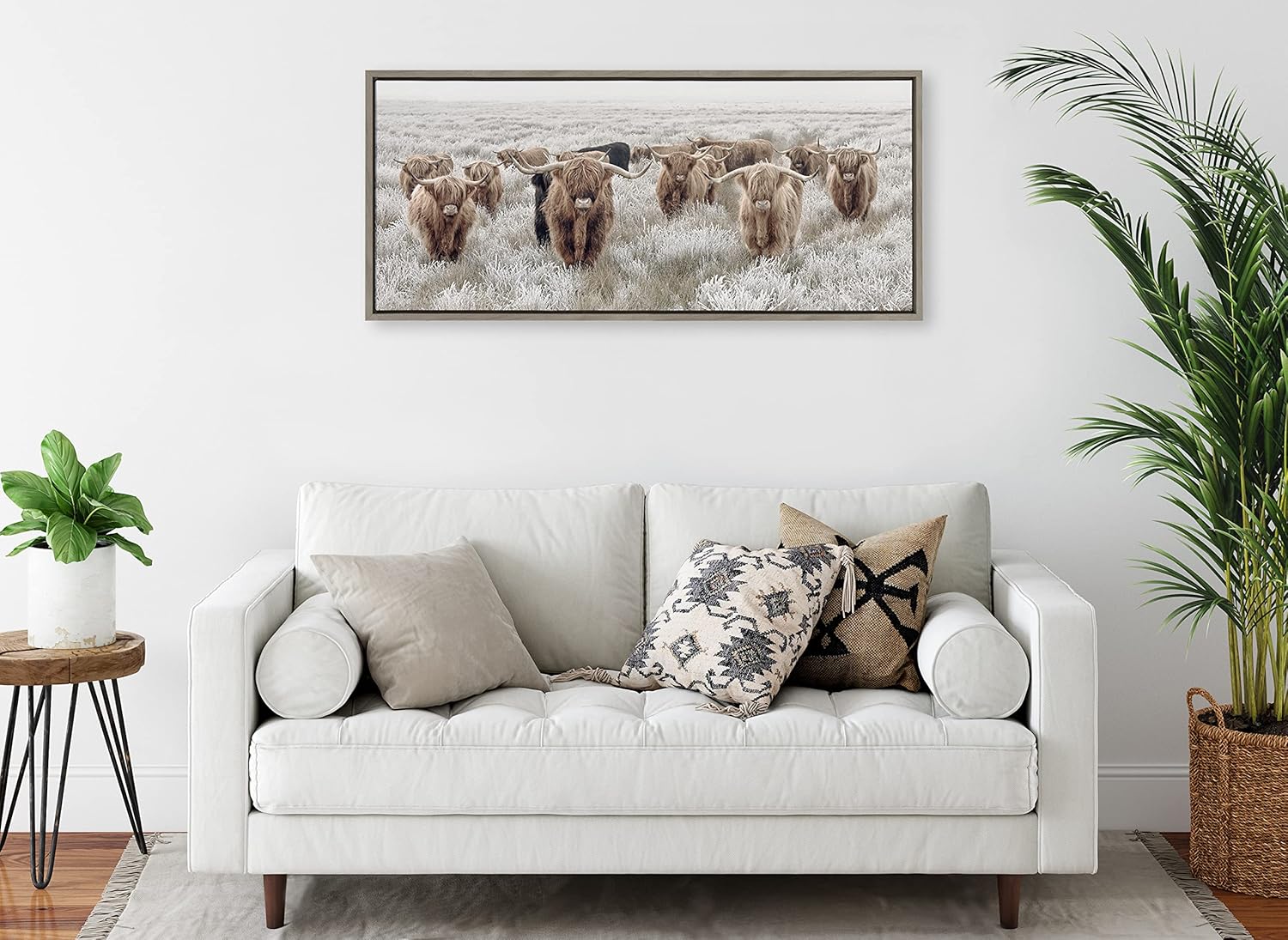 Kate and Laurel Sylvie Herd of Highland Cows Color Framed Canvas Wall Art by The Creative Bunch Studio 18x40 Natural Decorative Farmhouse Art for WallGray