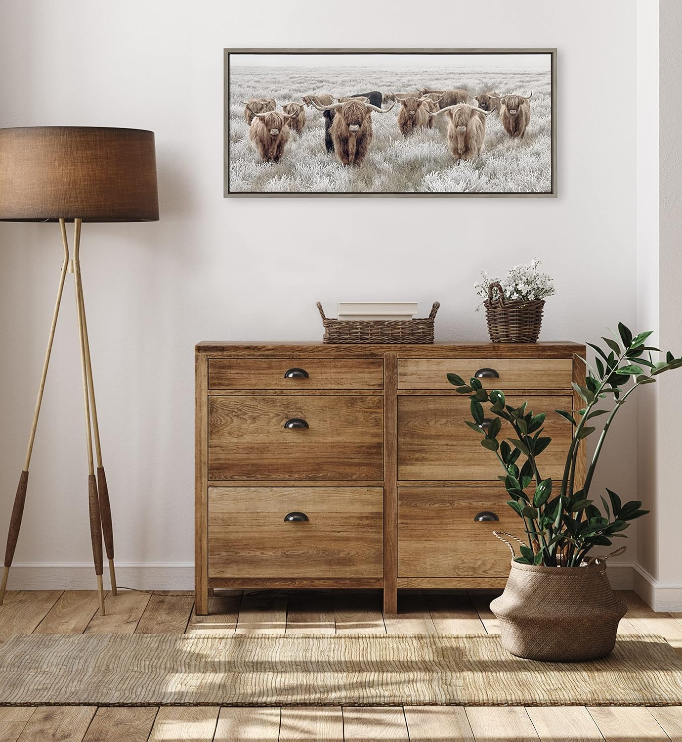Kate and Laurel Sylvie Herd of Highland Cows Color Framed Canvas Wall Art by The Creative Bunch Studio 18x40 Natural Decorative Farmhouse Art for WallGray