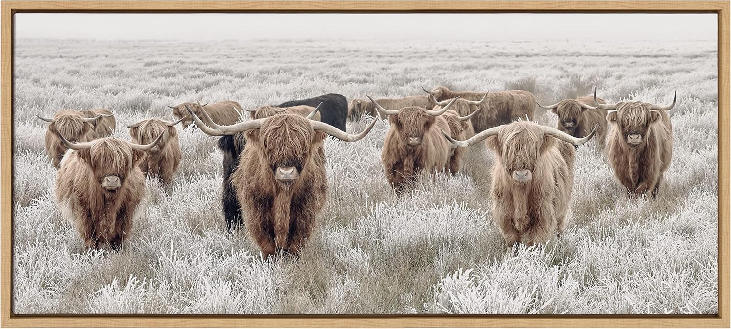 Kate and Laurel Sylvie Herd of Highland Cows Color Framed Canvas Wall Art by The Creative Bunch Studio 18x40 Natural Decorative Farmhouse Art for WallNatural