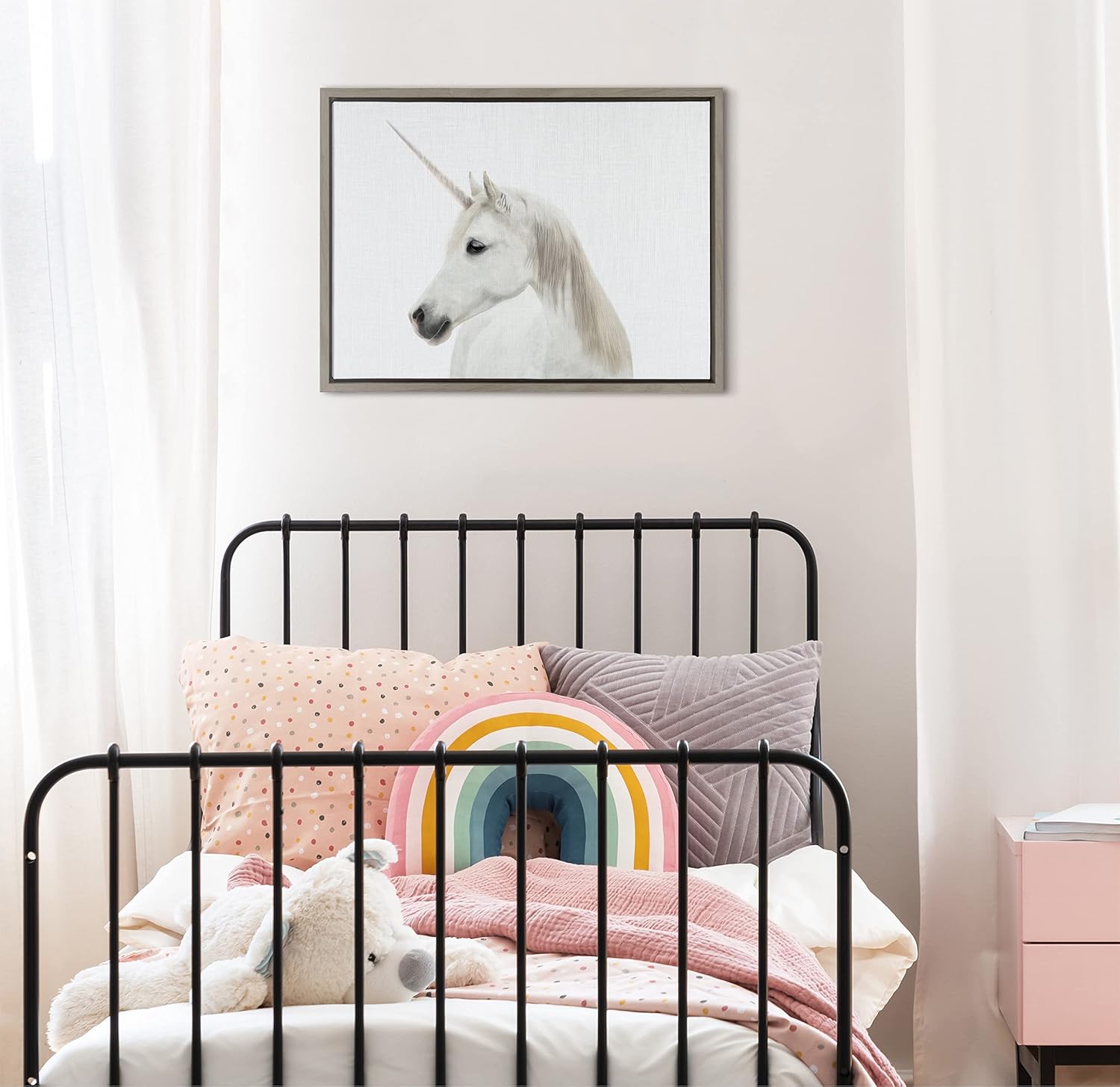 Kate and Laurel Sylvie Unicorn Color Framed Canvas Wall Art by Simon Te of Tai Prints 18x24 White Magical Animal Art for WallGray