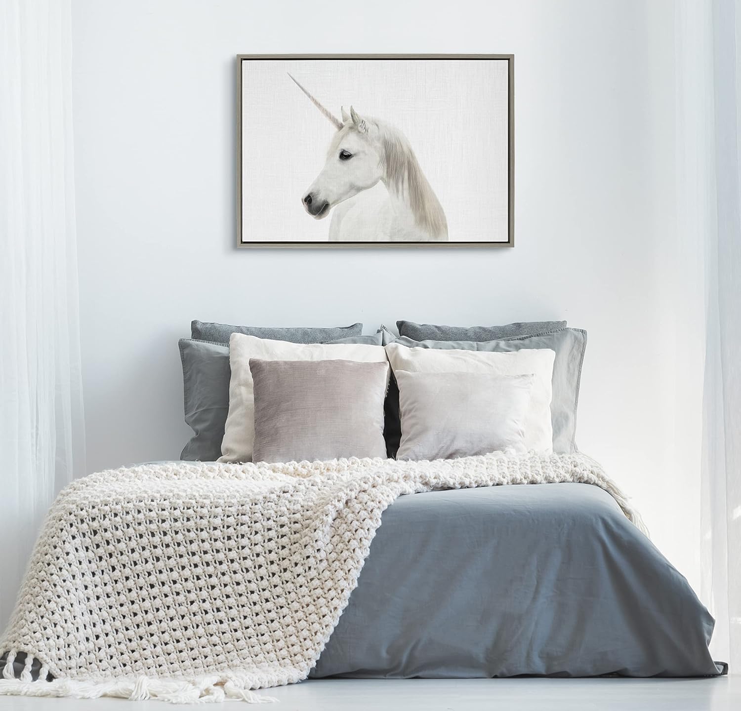 Kate and Laurel Sylvie Unicorn Color Framed Canvas Wall Art by Simon Te of Tai Prints 18x24 White Magical Animal Art for WallGray