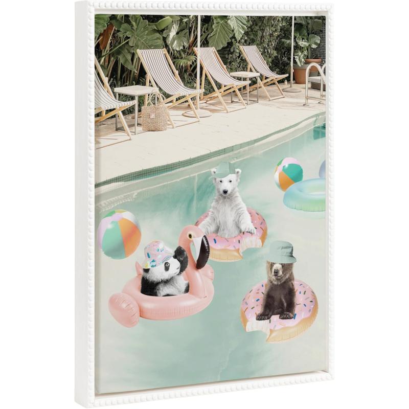 Kate and Laurel Sylvie Beaded Pool Party Vintage Framed Canvas Wall Art by July Art Prints 18x24 White Animal Pool House Wall Decor