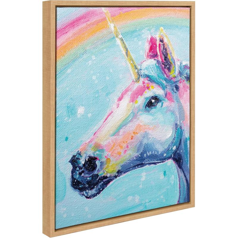 Kate and Laurel Sylvie Do You Believe in Magic Framed Canvas Wall Art by Rachel Christopoulos 18x24 White Modern Bright Colorful Unicorn Art for WallNatural
