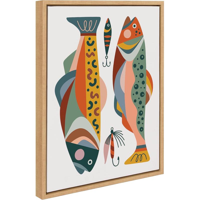 Kate and Laurel Sylvie Gone Fishing Framed Canvas Wall Art by Rachel Lee of My Dream Wall 18x24 Natural Bright Colorful Fish Art Print for Wall Decor