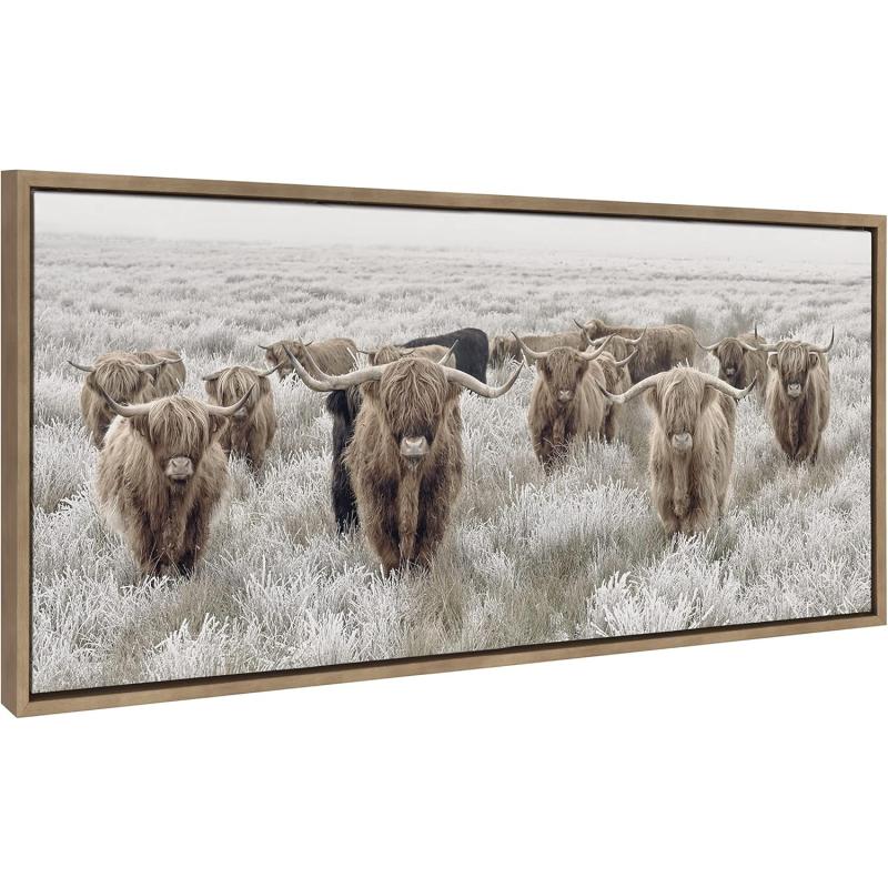 Kate and Laurel Sylvie Herd of Highland Cows Color Framed Canvas Wall Art by The Creative Bunch Studio 18x40 Natural Decorative Farmhouse Art for WallGold