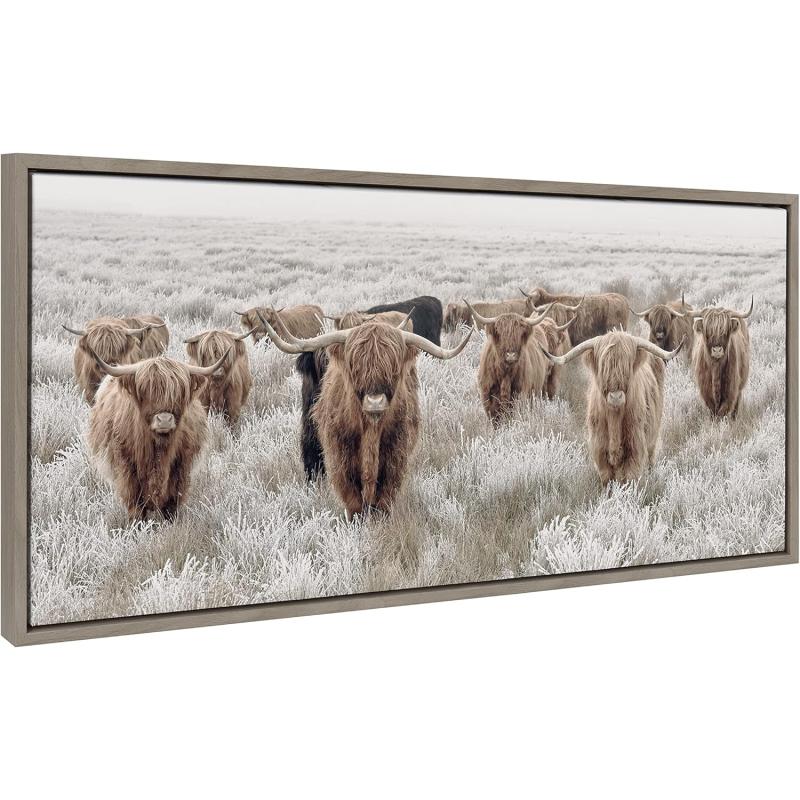 Kate and Laurel Sylvie Herd of Highland Cows Color Framed Canvas Wall Art by The Creative Bunch Studio 18x40 Natural Decorative Farmhouse Art for WallGray