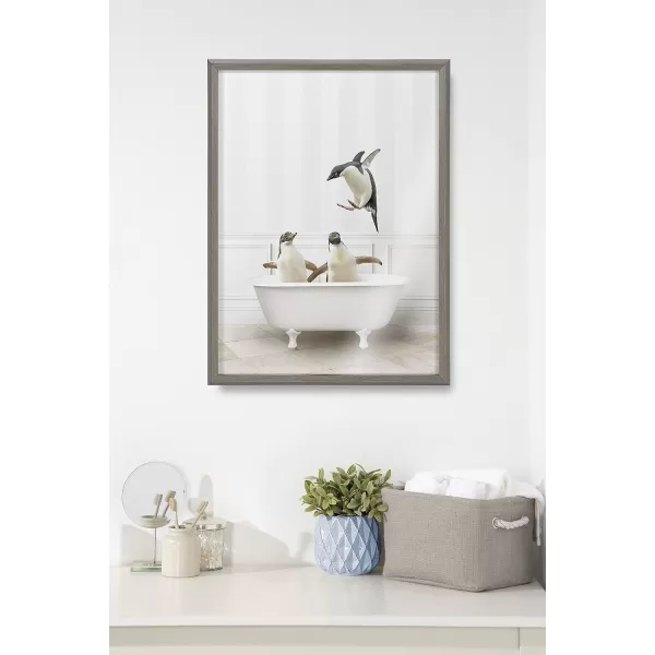 Kate and Laurel Blake Penguins Bathroom Framed Printed Glass Wall Art by Amy Peterson Art Studio 18x24 Gray Decorative Penguin Art Print for Wall