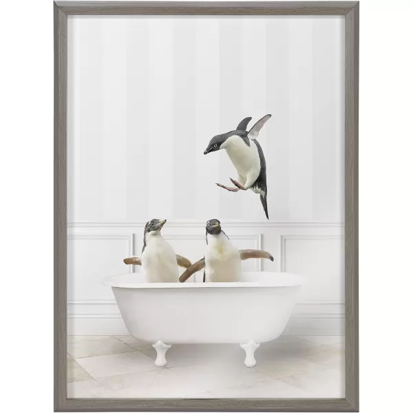 Kate and Laurel Blake Penguins Bathroom Framed Printed Glass Wall Art by Amy Peterson Art Studio 18x24 Gray Decorative Penguin Art Print for Wall