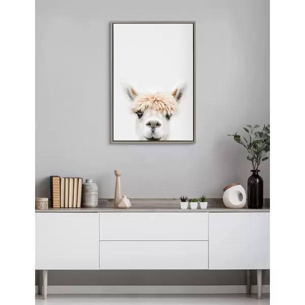 Kate and Laurel Sylvie Alpaca Bangs Framed Canvas Wall Art by Amy Peterson Art Studio 18x24 Natural Decorative Adorable Animal Art for WallGray