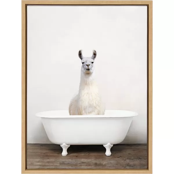 Kate and Laurel Sylvie Alpaca in the Tub Color Framed Canvas Wall Art by Amy Peterson Art Studio 18x24 Natural Modern Fun Decorative Bathtub Wall Art for Home DcorNatural