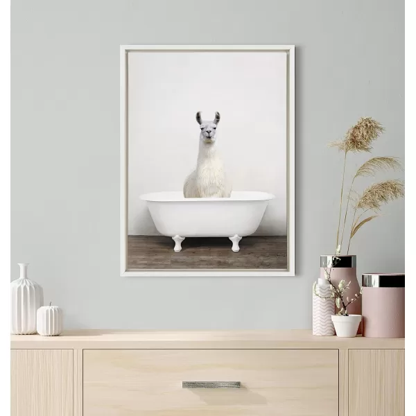 Kate and Laurel Sylvie Alpaca in the Tub Color Framed Canvas Wall Art by Amy Peterson Art Studio 18x24 Natural Modern Fun Decorative Bathtub Wall Art for Home DcorWhite