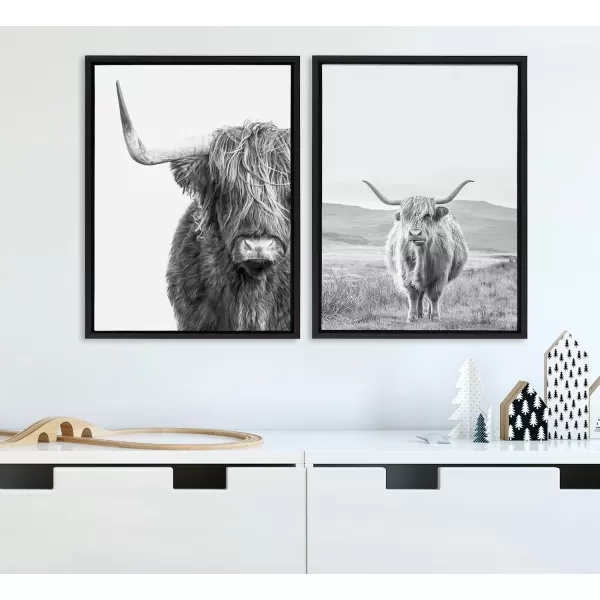 Kate and Laurel Sylvie BampampW Highland Cow No 1 Framed Canvas Wall Art by Amy Peterson Art Studio 28x38 Gray Black and White Animal Portrait ArtBlack