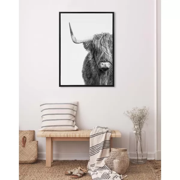 Kate and Laurel Sylvie BampampW Highland Cow No 1 Framed Canvas Wall Art by Amy Peterson Art Studio 28x38 Gray Black and White Animal Portrait ArtBlack