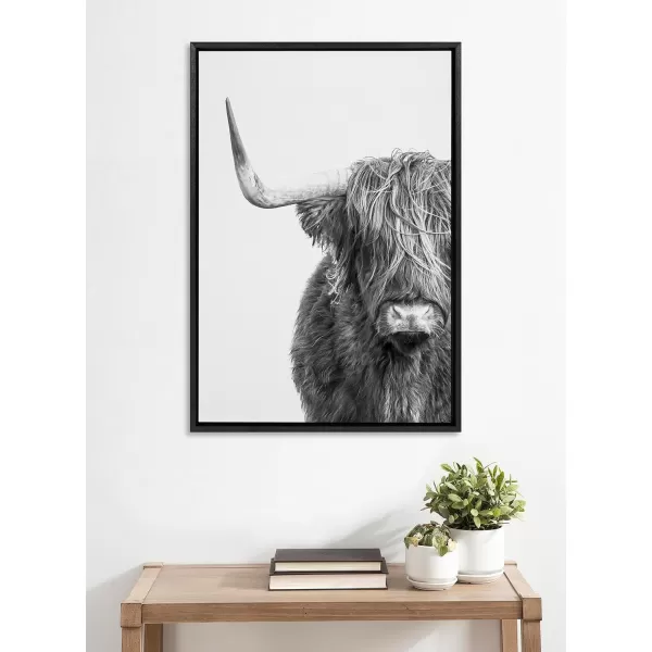 Kate and Laurel Sylvie BampampW Highland Cow No 1 Framed Canvas Wall Art by Amy Peterson Art Studio 28x38 Gray Black and White Animal Portrait ArtBlack