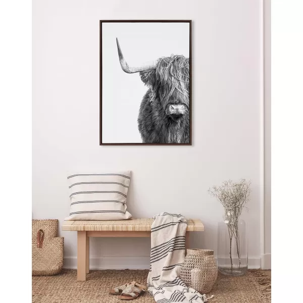 Kate and Laurel Sylvie BampampW Highland Cow No 1 Framed Canvas Wall Art by Amy Peterson Art Studio 28x38 Gray Black and White Animal Portrait ArtBrown