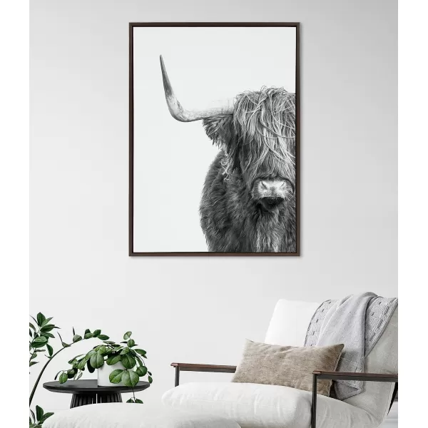 Kate and Laurel Sylvie BampampW Highland Cow No 1 Framed Canvas Wall Art by Amy Peterson Art Studio 28x38 Gray Black and White Animal Portrait ArtBrown