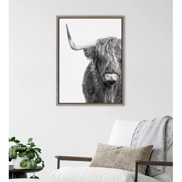 Kate and Laurel Sylvie BampampW Highland Cow No 1 Framed Canvas Wall Art by Amy Peterson Art Studio 28x38 Gray Black and White Animal Portrait ArtGray