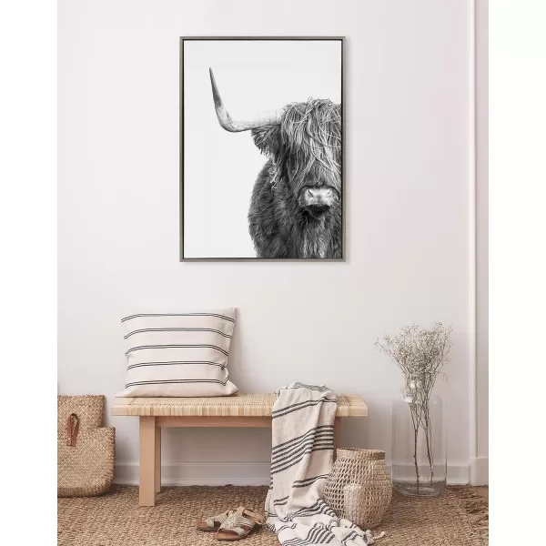 Kate and Laurel Sylvie BampampW Highland Cow No 1 Framed Canvas Wall Art by Amy Peterson Art Studio 28x38 Gray Black and White Animal Portrait ArtGray